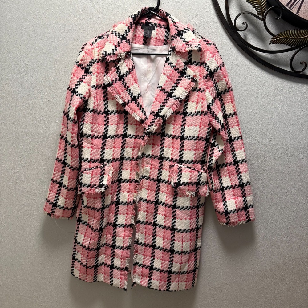 vtg Pink Plaid Tweed Coat Women's Sz 12 Romantic Long Jacket preppy